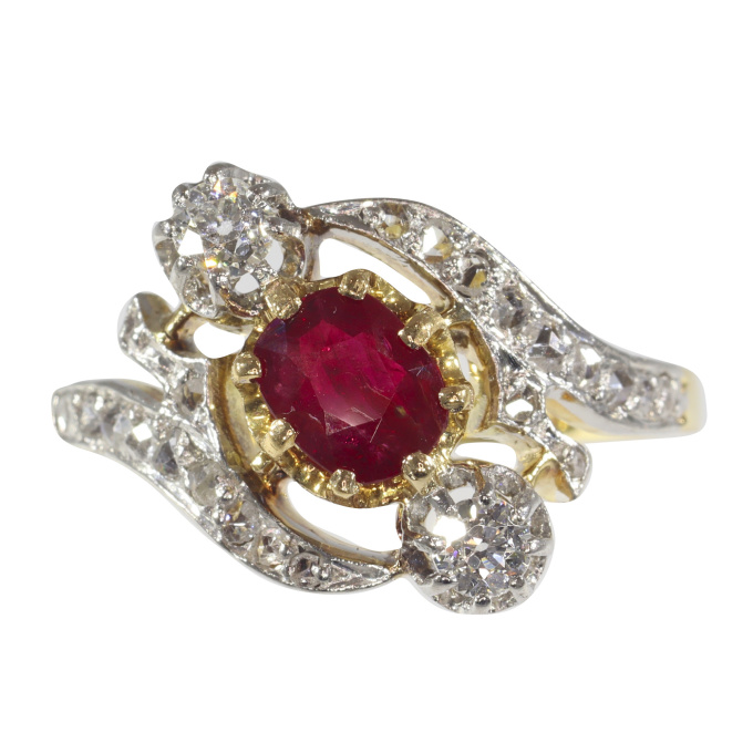 Vintage French Belle Epoque diamond and natural ruby cross-over engagement ring by Artista Desconhecido
