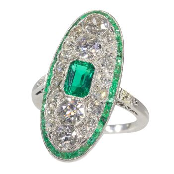 Genuine vintage Art Deco diamond and emerald engagement ring with high quality untreated Colombian emerald by Unknown artist