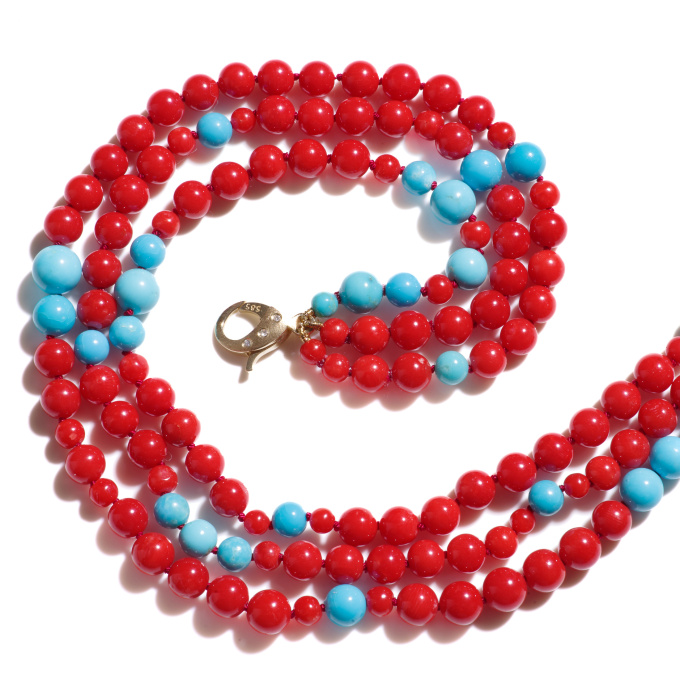 Layered Coral & Sleeping Beauty Turquoise Diamond Gold Necklace by Its My Gemme