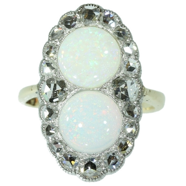 Antique Victorian engagement ring with rose cut diamonds and cabochon opals by Artista Sconosciuto