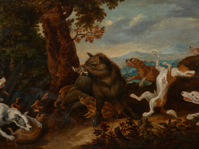 17th C Wild Boar Hunt, Attr. to Jan van Kessel (Antwerp,1626 -Antwerp,1679) on Panel marked by Guilliam Gabron (1609-1662), Antwerp, Oil on Oak by Artista Desconocido