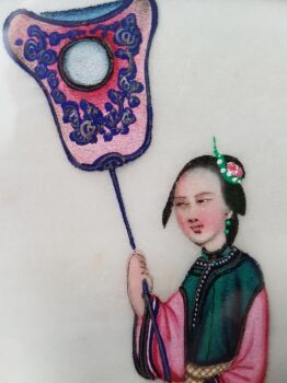 Chinese pit paper painting: Elegant lady holding a van. Late 19th century by Unknown artist