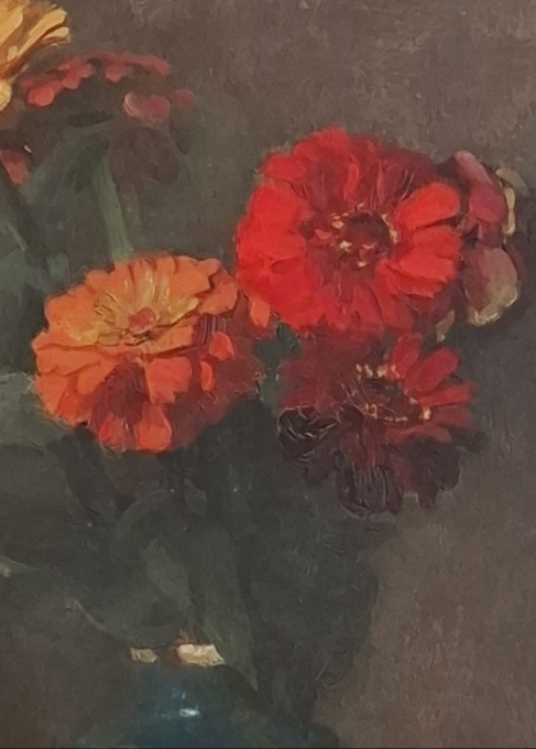 Zinnias in turquoise vase by Jan Cornelis Tiele