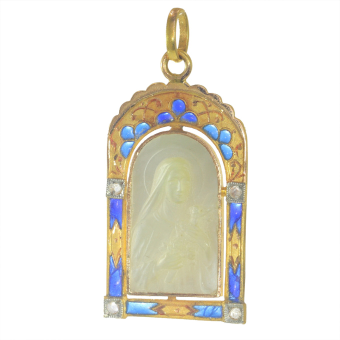 Vintage antique 18K gold mother-of-pearl medal Mother Mary with the miracle of the roses - set with diamonds and plique-a-jour enamel by Unknown artist