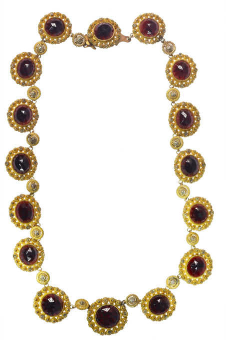 Victorian gilded garnet parure matching necklace and earrings in original box by Artiste Inconnu