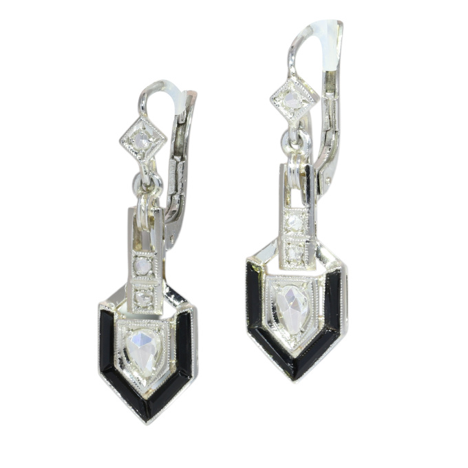 Art Deco Diamond and Onyx Earrings with Pear Shaped Diamond Drops by Artista Sconosciuto