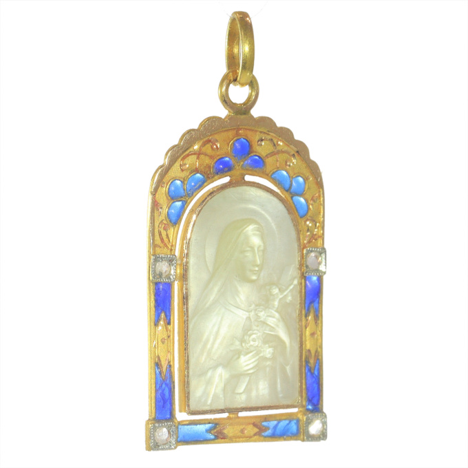Vintage antique 18K gold mother-of-pearl medal Mother Mary with the miracle of the roses - set with diamonds and plique-a-jour enamel by Unknown artist