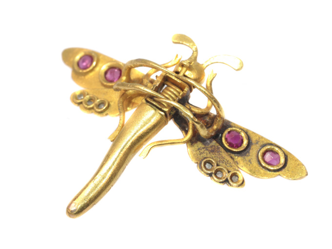 Antique Victorian hair clip brooch 18K gold dragonfly rose cut diamonds rubies by Unknown artist