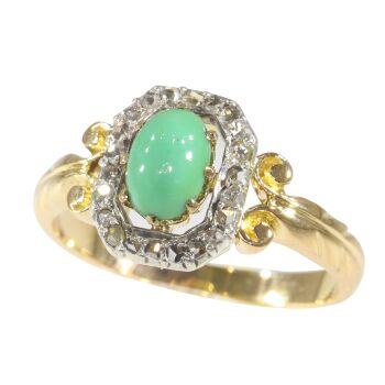 Antique Victorian 18K gold ring with rose cut diamonds and turquoise by Onbekende Kunstenaar