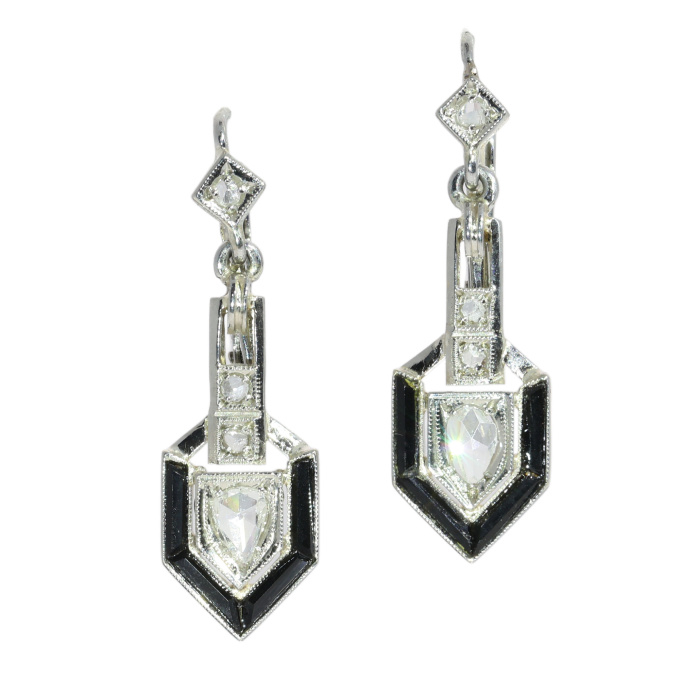 Art Deco Diamond and Onyx Earrings with Pear Shaped Diamond Drops by Artista Sconosciuto