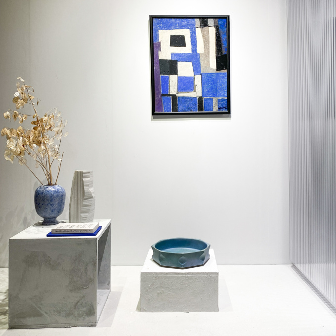 Mid-Century Modern Dutch Oil Painting "Composition in White, Black and Blue" by Georg Ruyter