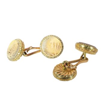 Victorian French cufflinks with moss agate landscapes and rose cut diamonds by Artista Sconosciuto