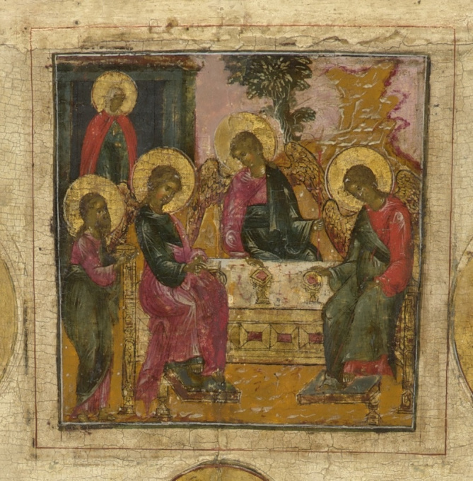 Antique Russian wooden icon: The Three Saints by Artista Sconosciuto