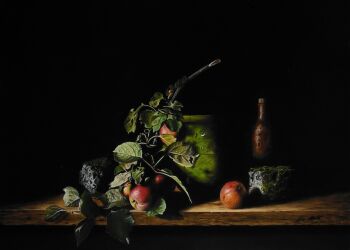Still life with apples and jug with green algae by Jan Teunissen