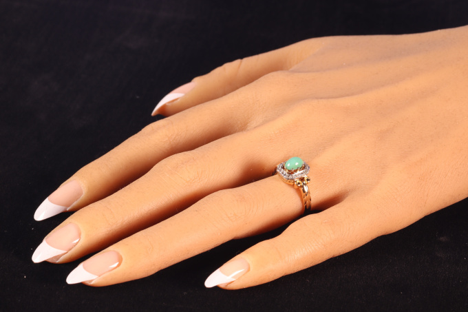 Antique Victorian 18K gold ring with rose cut diamonds and turquoise by Artista Sconosciuto