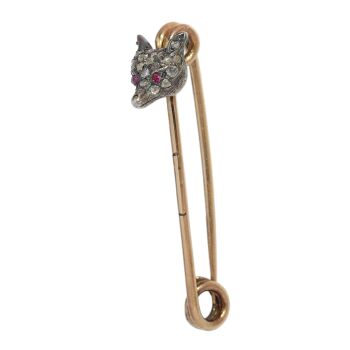 Victorian fox head stickpin in 14K red gold, silver mask and rose cut diamonds by Artista Sconosciuto