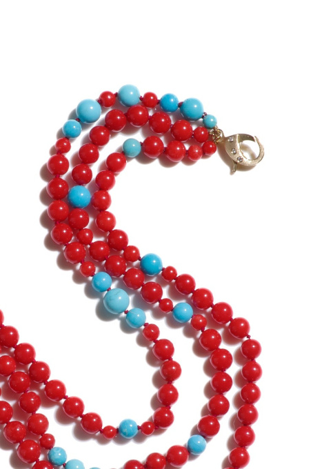 Layered Coral & Sleeping Beauty Turquoise Diamond Gold Necklace by Its My Gemme