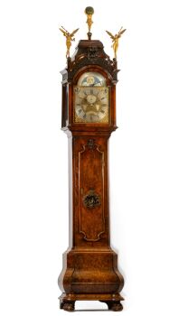 A fine Dutch burr walnut musical 'Amsterdam' longcase clock, Coelombie, circa 1750. by Johannes Coelombie
