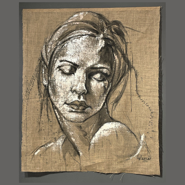 Portret - acrylverf op jute by René Rikkelman