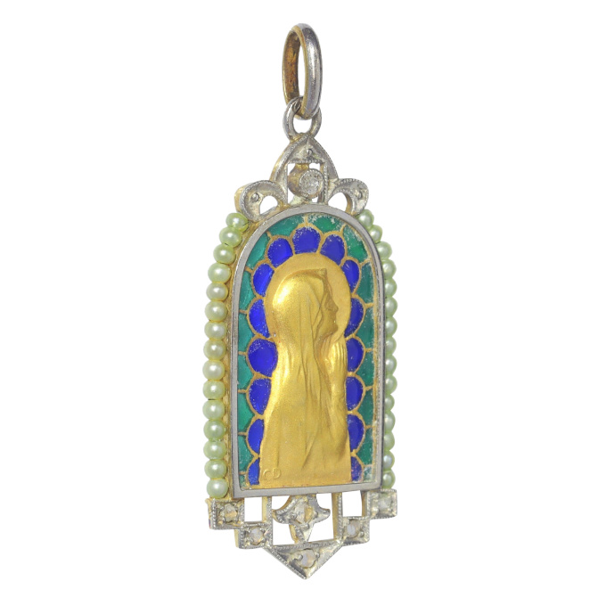 Vintage antique 18K gold Maria medal with diamonds and plique-a-jour enamel by Artista Sconosciuto
