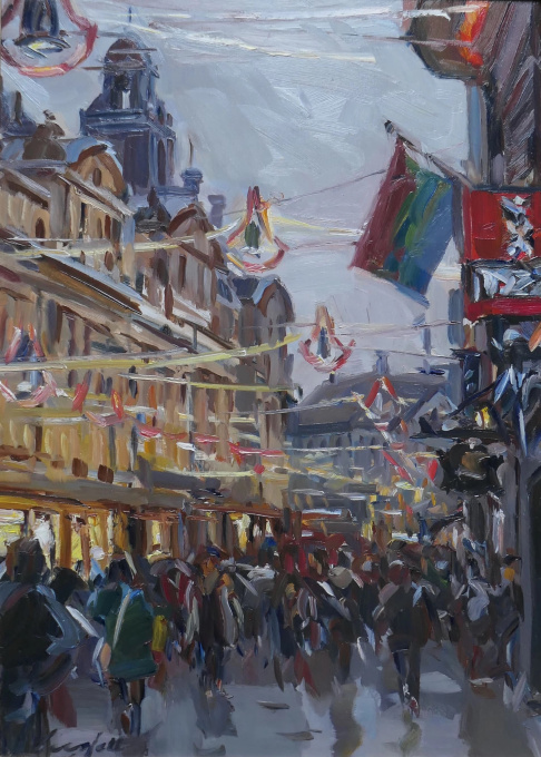 Damrak bij avond by Hans Versfelt