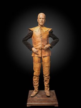 Lifesize Vintage Wooden Mannequin featuring articulated arms and legs, a ceramic head and full Musketeer outfit by Unknown artist