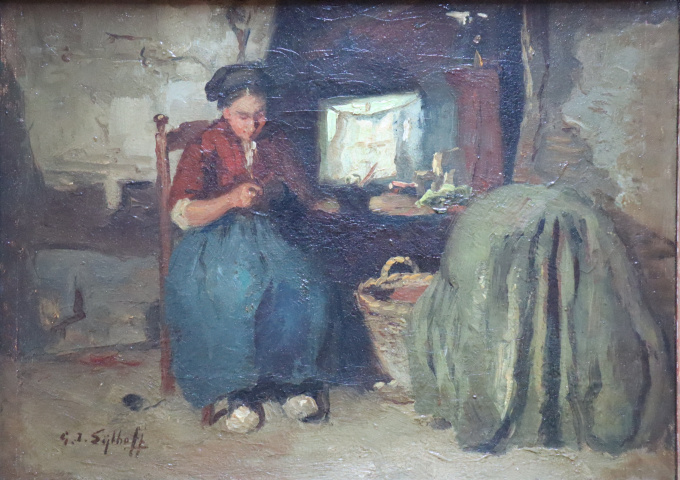 Interior scene with a woman doing needlework by Gijsbertus Jan Sijthoff