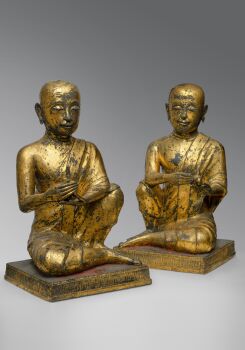 Two rare figures of Sariputta and Moggallana by Onbekende Kunstenaar