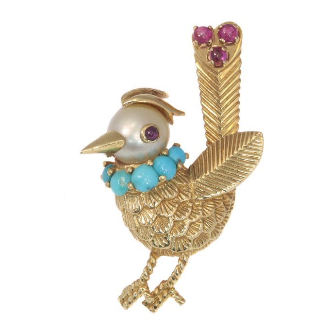 Vintage fanciful Fifties gold bejeweled bird brooch by Artista Desconhecido