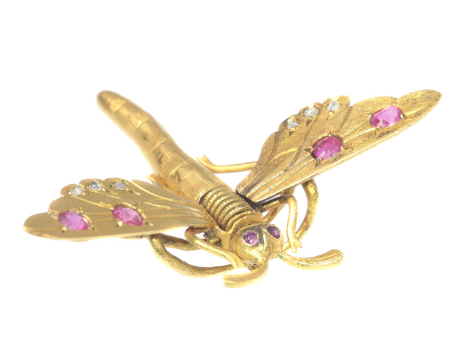 Antique Victorian hair clip brooch 18K gold dragonfly rose cut diamonds rubies by Unknown artist