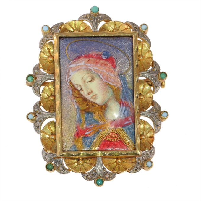 A Serene Masterpiece: Vintage 1950s Enameled Virgin Mary Brooch by Artista Sconosciuto