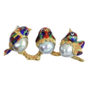 Vintage Italian Bird Brooch with Enamel and Baroque Pearls in 18K Gold by Artista Desconhecido