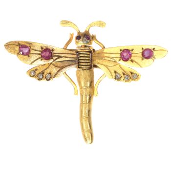 Antique Victorian hair clip brooch 18K gold dragonfly rose cut diamonds rubies by Unknown artist