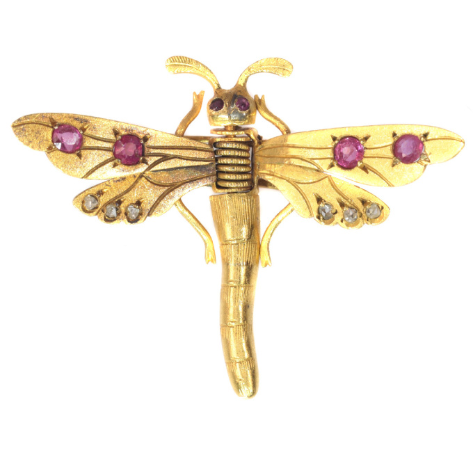Antique Victorian hair clip brooch 18K gold dragonfly rose cut diamonds rubies by Unknown artist
