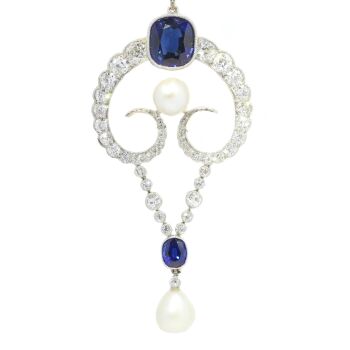 Belle Epoque diamond pendant with large natural pearls and cornflower blue color natural sapphires (certified) by Unknown artist