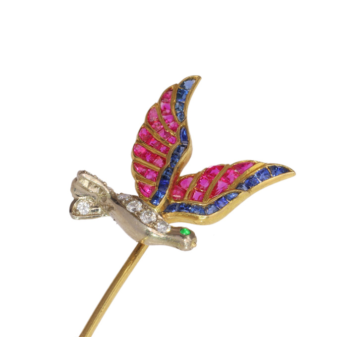 Art Deco-Inspired Vintage Tiepin Featuring a Flying Bird with Multicoloured Gemstones by Artiste Inconnu