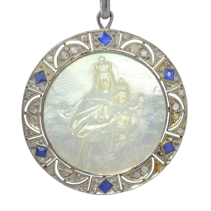 Vintage 1920's Edwardian - Art Deco diamond and sapphire Mother Mary and baby Jesus medal by Artista Desconocido