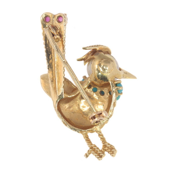 Vintage fanciful Fifties gold bejeweled bird brooch by Artista Desconhecido