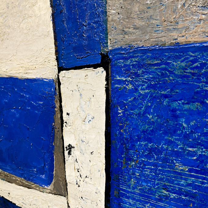 Mid-Century Modern Dutch Oil Painting "Composition in White, Black and Blue" by Georg Ruyter