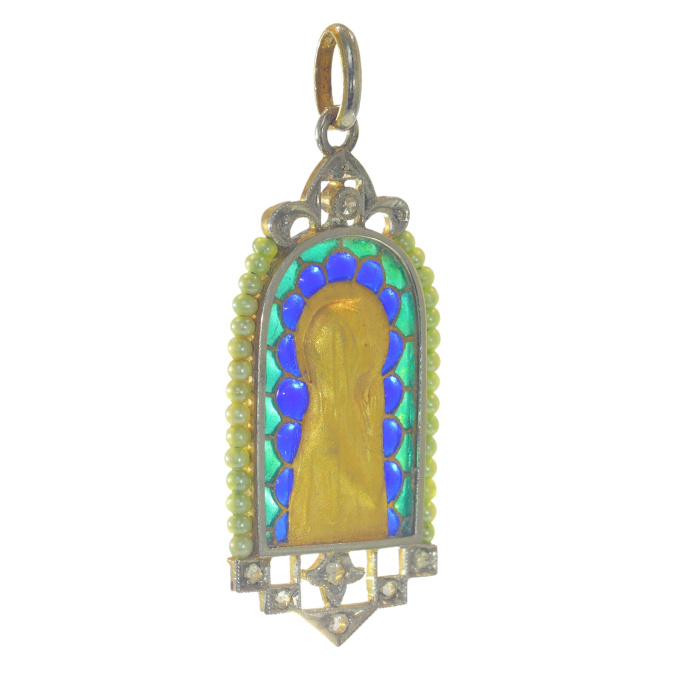 Vintage antique 18K gold Maria medal with diamonds and plique-a-jour enamel by Artista Sconosciuto