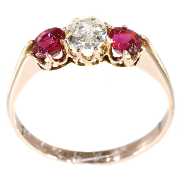 Antique ring with old mine brilliant cut diamond and two red strass stones by Unbekannter Künstler