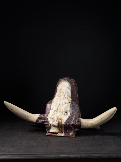19 th C Butcher's Exterior Shop Sign of a wooden Steer Head covered with polychromed weathered lead by Unbekannter Künstler