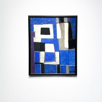 Mid-Century Modern Dutch Oil Painting "Composition in White, Black and Blue" by Georg Ruyter