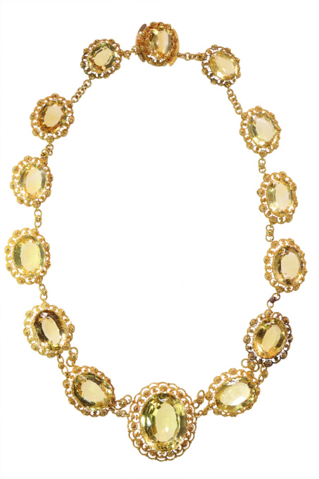 Historic 1820 Citrine and Gold Necklace, Filigree and Granulation, Very Fine Condition by Artista Desconhecido