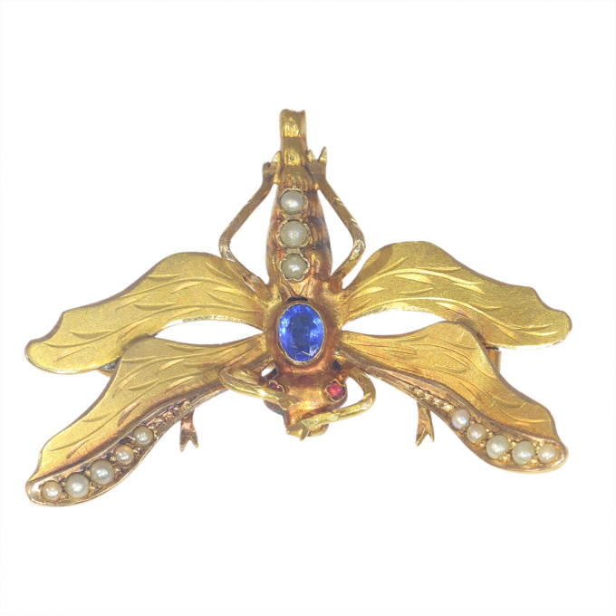 Vintage antique Victorian insect brooch with half seed pearls and a blue stone by Artista Desconocido