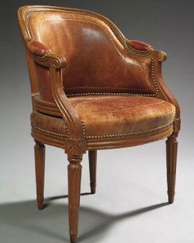 Beechwood deskchair covered with red/brown leather, Paris, France by Jacques Malot