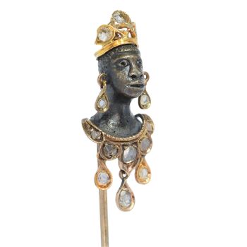 Crowned Victorian Blackamoor Stickpin Set with Rose Cut Diamonds, c.1870 by Artista Sconosciuto