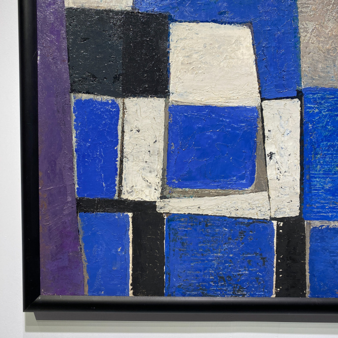 Mid-Century Modern Dutch Oil Painting "Composition in White, Black and Blue" by Georg Ruyter