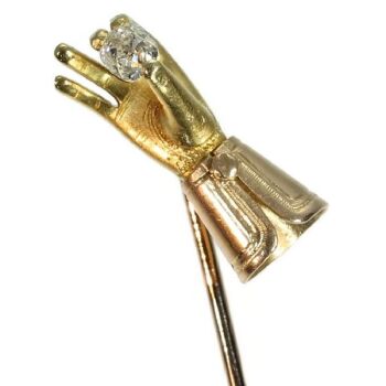 Antique Victorian tiepin gloved hand holding old cushion cut diamond by Artista Sconosciuto