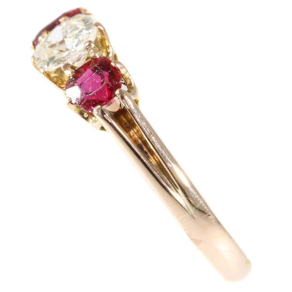Antique ring with old mine brilliant cut diamond and two red strass stones by Unbekannter Künstler